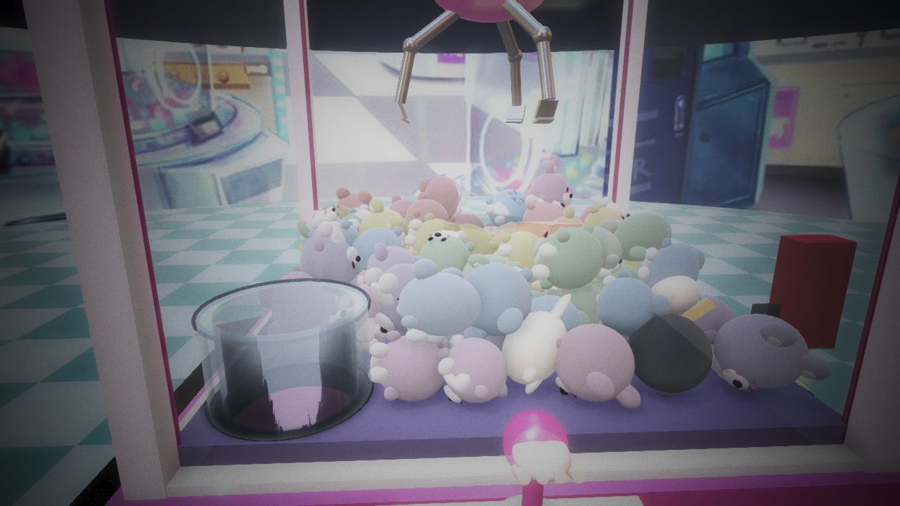 3Dクレーンゲーム抽選会の筐体とぬいぐるみ